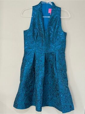 Lilly Pulitzer Teal Floral Jacquard Sleeveless Fit-and-Flare Dress